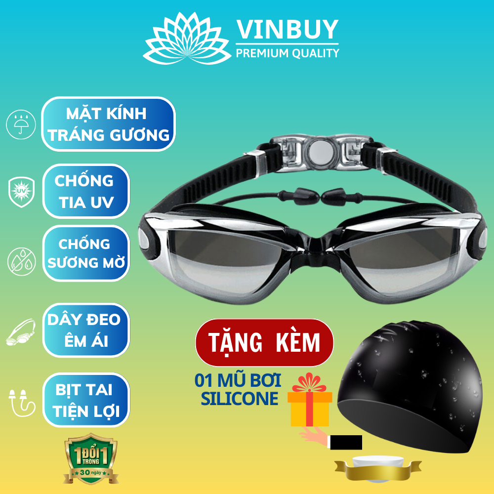 Kính Bơi Tráng Gương kèm bịt tai cao cấp VinBuy chống sương mù, chống tia UV Hàng chính hãng - Tặng kèm nón bơi Silicon (Màu ngẫu nhiên)