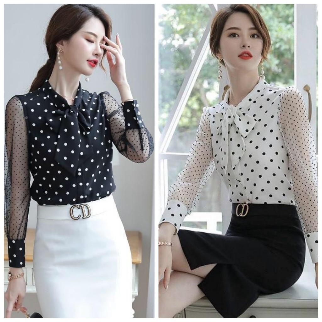 Áo sơ mi chấm bi phối nút cột nơ BY6359