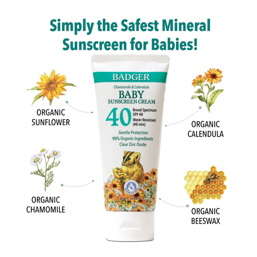 Kem Chống Nắng Vật Lý Cho Em Bé Badger SPF 40 Baby - Phổ rộng broad-spectrum, an toàn cho san hô, 98% thành phần hữu cơ - 87mL