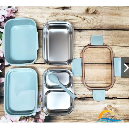 Hộp cơm giữ nhiệt văn phòng HADU inox 304 gồm 4 khay có thìa nắp đậy khóa kép an toàn cao cấp