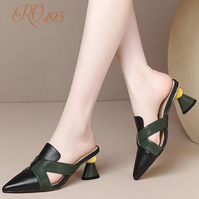 Giày sandal nữ cao gót 5 phân hàng hiệu rosata hai màu đen trắng ro495