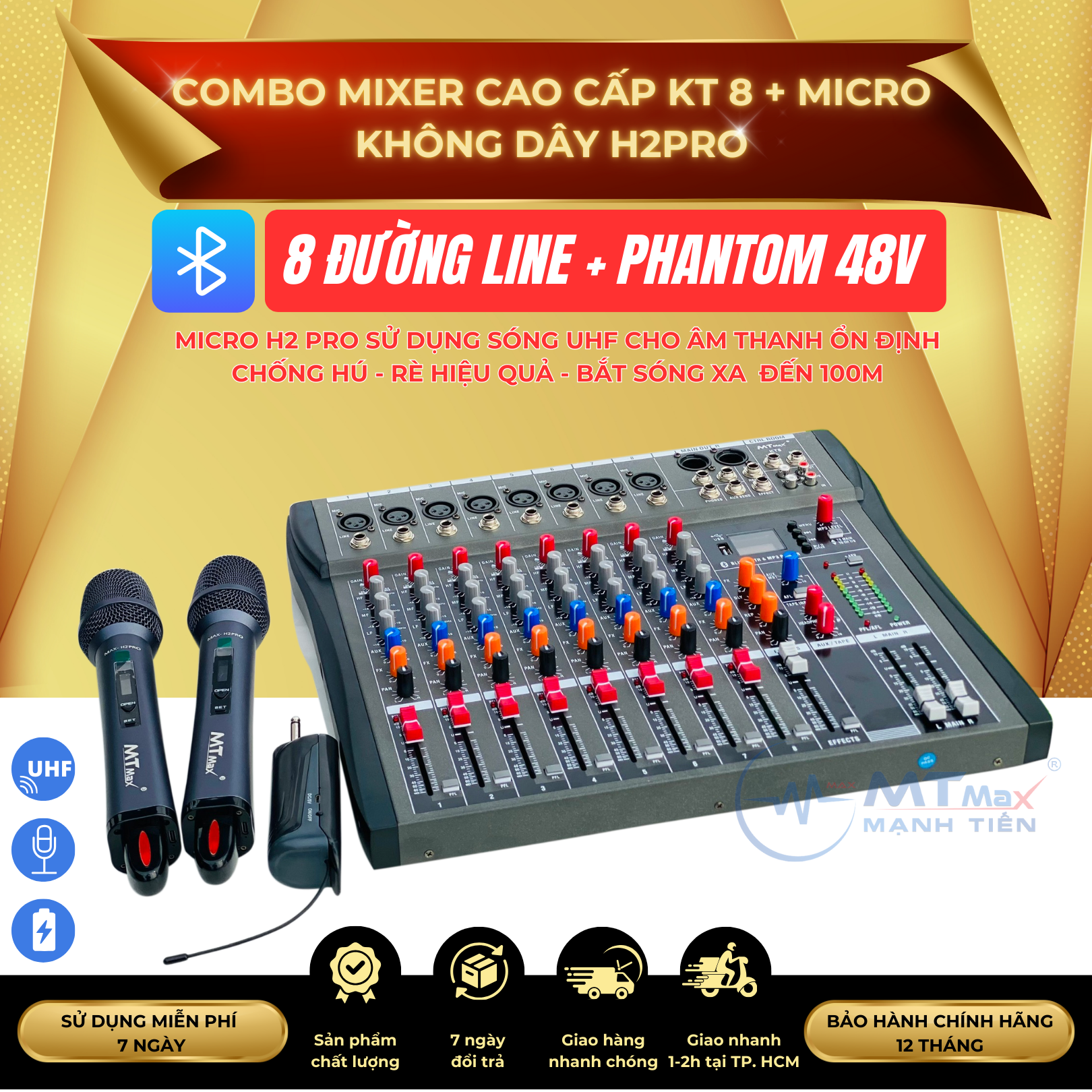 Combo Karaoke Cao Cấp Mixer MTMAX KT8 + Micro H2 Pro Không Dây Chống Hú Hiệu Quả, Bắt Sóng Xa Đến 100M, Thích Hợp Giải Trí Đa Năng, Karaoke Gia Đình, Sự Kiện Chuyên Nghiệp, Hàng Chính Hãng, Bảo Hành 12 Tháng, Hàng Chính Hãng