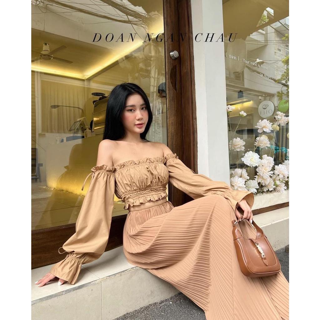 Đồ bộ nữ quần ống suông rộng, vải lụa dập ly xốp, phối áo thời trang freesize dưới 57kg