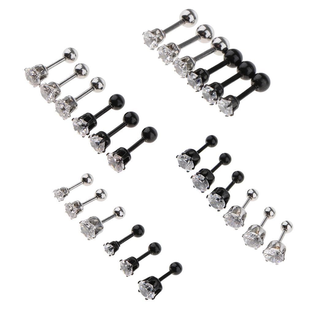 6 Pieces Black Silver Crystal Stainless Steel Ear Navel Belly Stud
