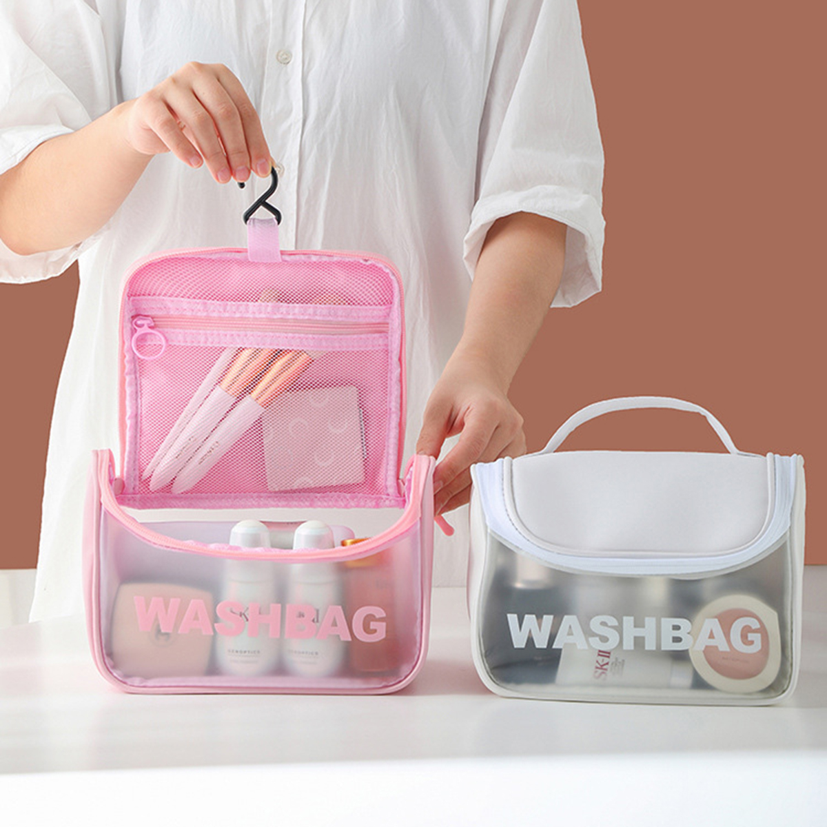 Túi đựng mỹ phẩm du lịch WashBag DẠNG HỘP có quai xách mini trong suốt, Túi đựng đồ trang điểm