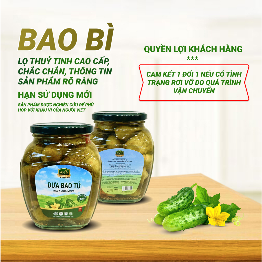 Dưa Chuột Bao Tử Ngâm F&amp;G Food Size Đặc Biệt 4-7, Hũ 500ml Ăn Kèm Thịt Nướng, Làm Gỏi Trộn