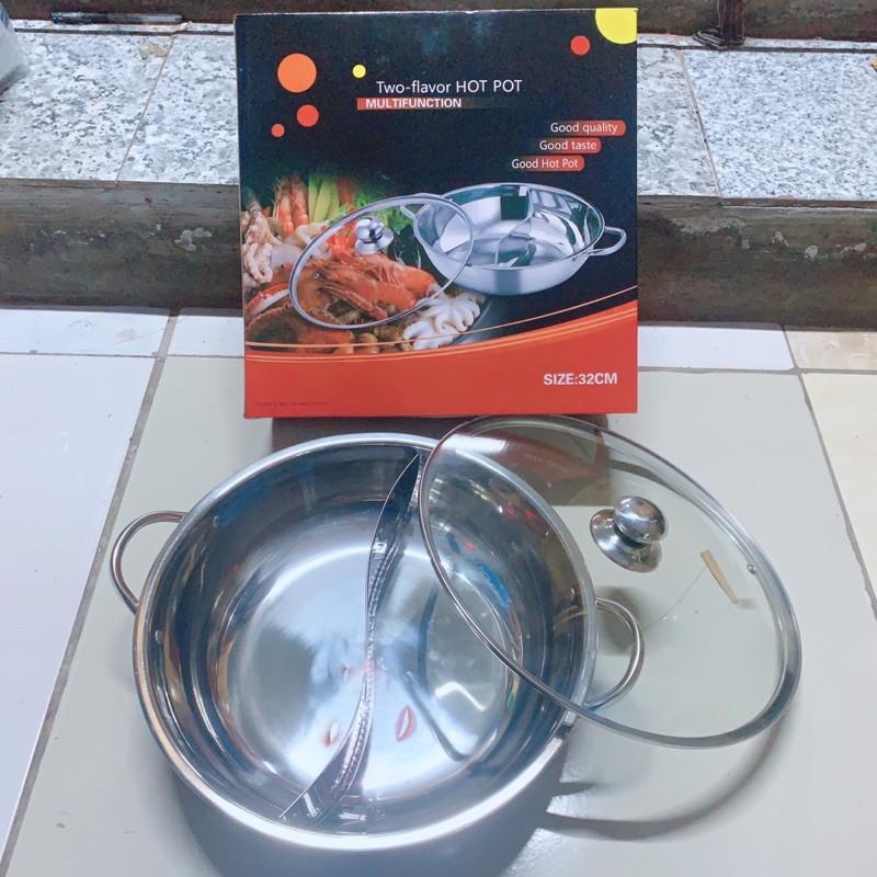 Nồi lẩu 2 ngăn 32cm, nấu được bếp từ nhé có nắp kính