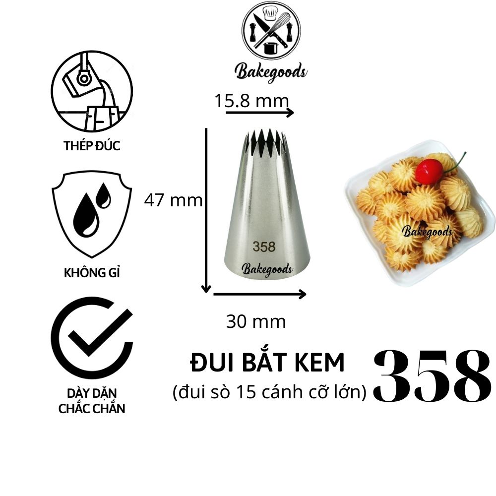 Đui bắt kem 358, Đuôi bắt hoa trang trí bánh, đui bắt bánh quy bằng thép không gỉ đúc liền khối dày dặn, cứng cáp