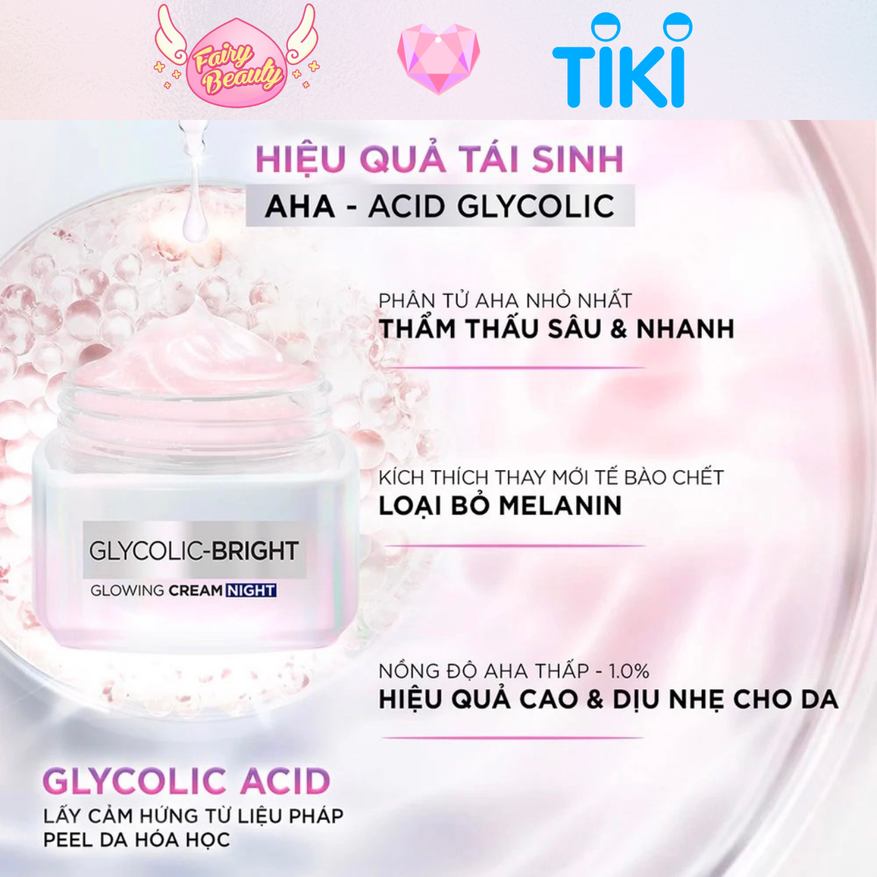 Kem Dưỡng Ban Đêm AHA Giúp Mờ Thâm Nám Và Cấp Ẩm Tối Ưu Glycolic Bright Glowing Cream Night 50/15/7.5ml