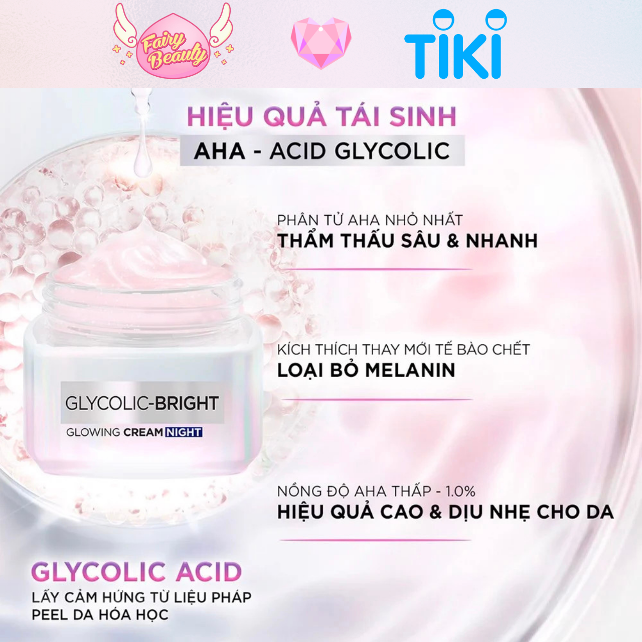 [L'OREAL PARIS] Kem Dưỡng Ban Đêm AHA Giúp Mờ Thâm Nám Và Cấp Ẩm Tối Ưu Glycolic Bright Glowing Cream Night 50/15/7.5ml