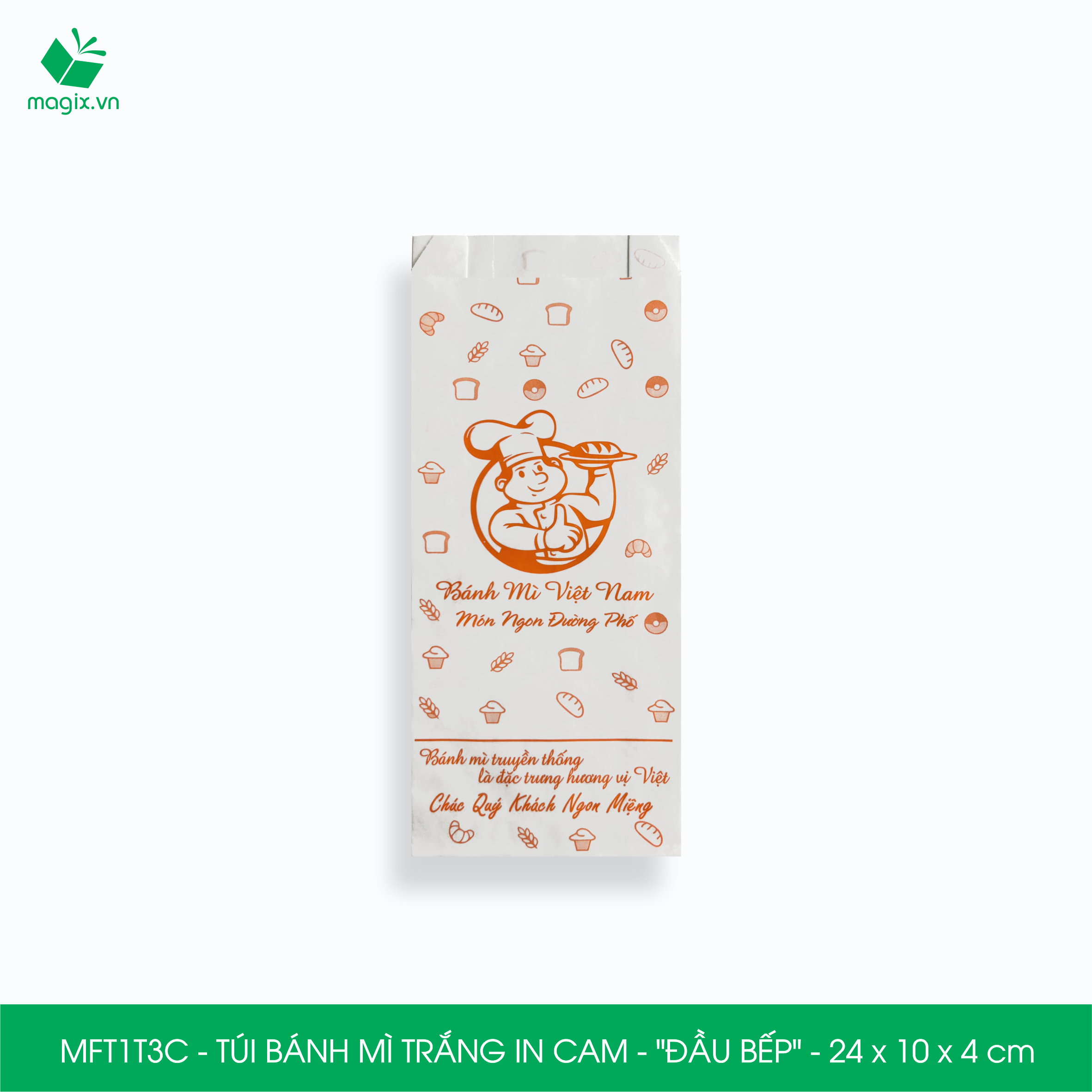 MFT1T3C - 24x10x4 cm - 200 Túi bánh mì Trắng, in sẵn họa tiết ĐẦU BẾP - Bao bánh mì Túi giấy thực phẩm an toàn
