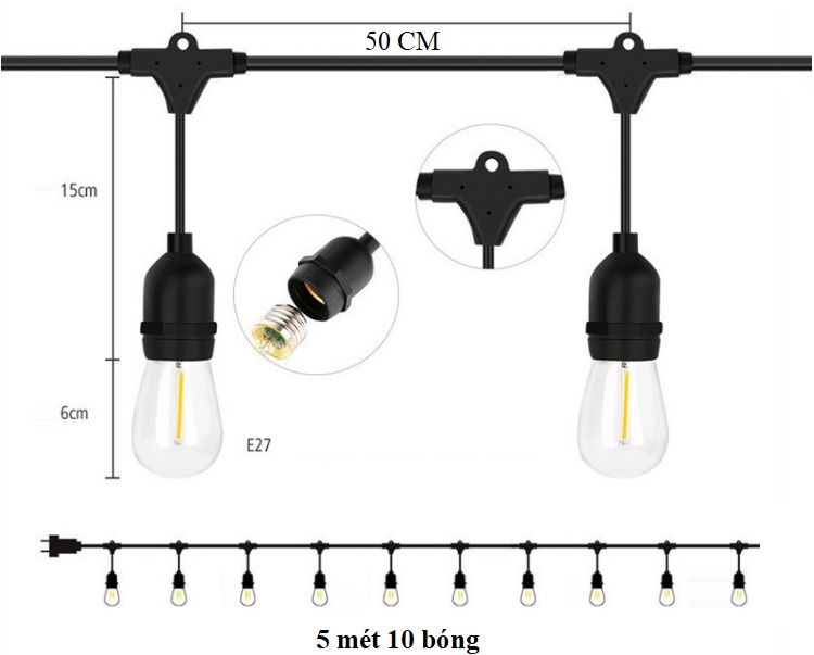 Dây đèn led búp chanh 5 mét 10 bóng 3w trang trí shop, nhà cửa sân vườn