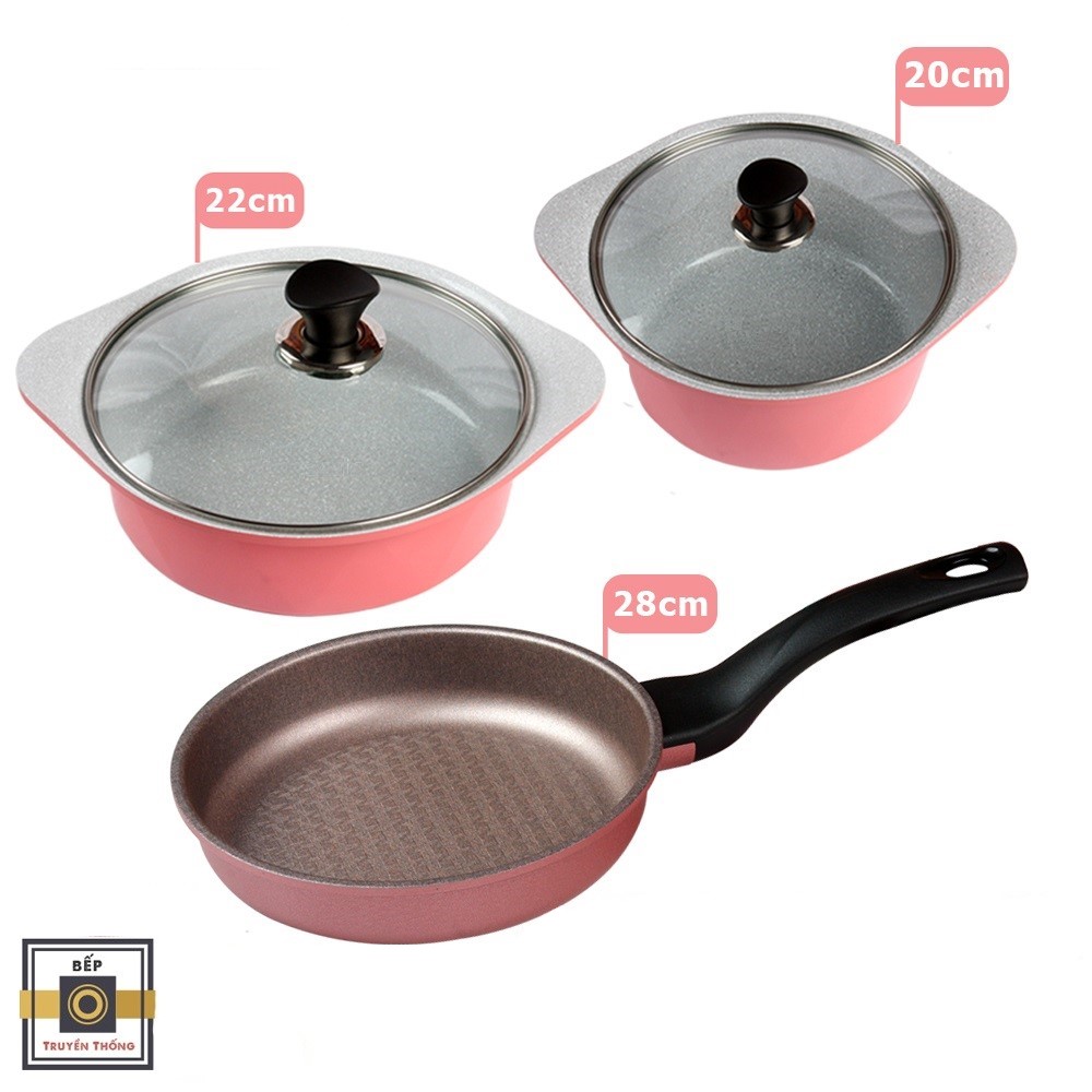 Combo 3 món, nồi đúc ceramic cao cấp 20 cm, 22 cm, chảo 28 cm