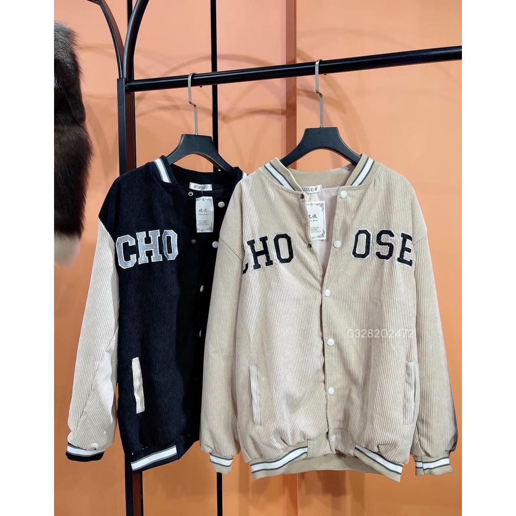 Áo Khoác Bomber Bóng Chày Nhung Gân Tăm Thêu CHOOSE Phối Tay 2 Màu 2 Lớp Form Rộng Unisex Nam Nữ Ulzzang Hot Trend