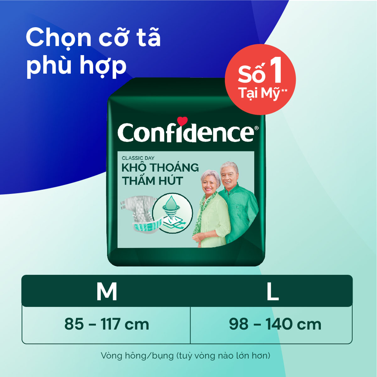 Tã dán người lớn Confidence Classic Day khô thoáng thấm hút size M gói 20+3 miếng