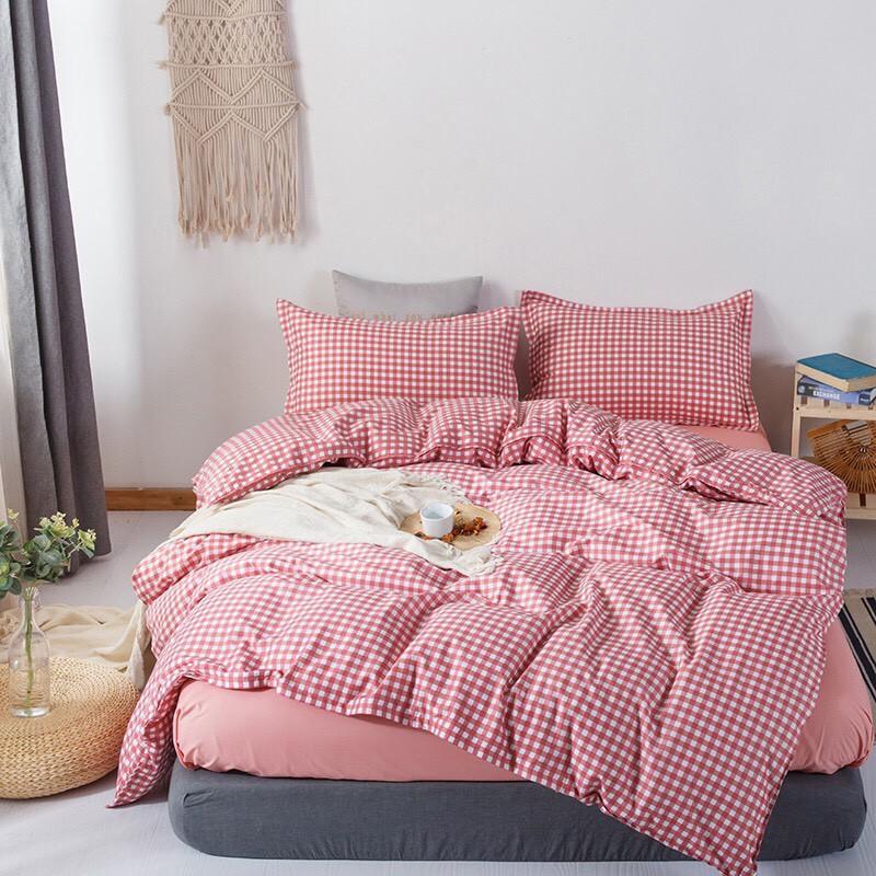 Bộ chăn ga Cotton Poly họa tiết caro hồng - phong cách Hàn Quốc
