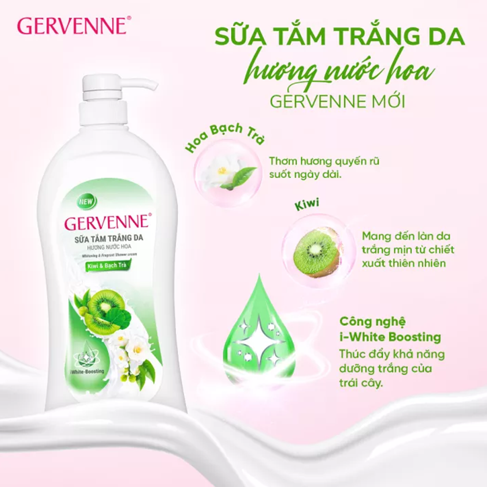 Combo 2 Sữa tắm trắng da hương nước hoa Gervenne Kiwi và Bạch Trà 900g/chai