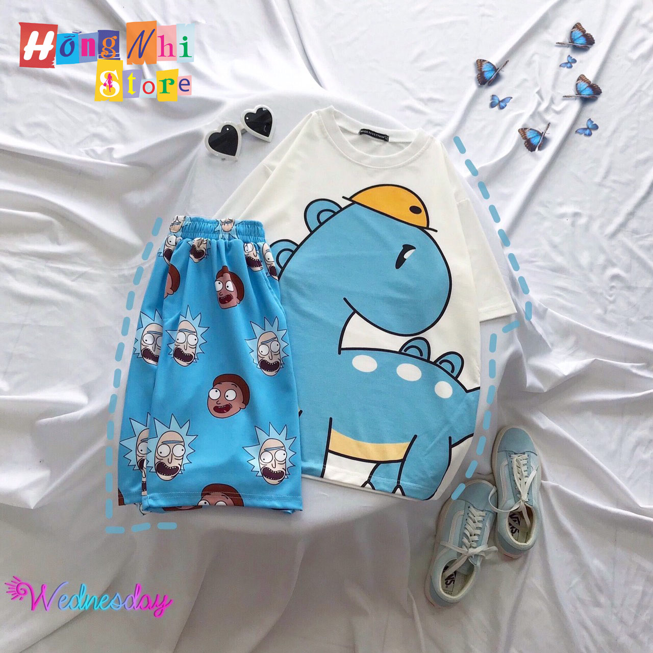 Quần Short Cartoon Unisex Màu Xanh - Quần Đùi Hoạt Hình Siêu Cute - MM
