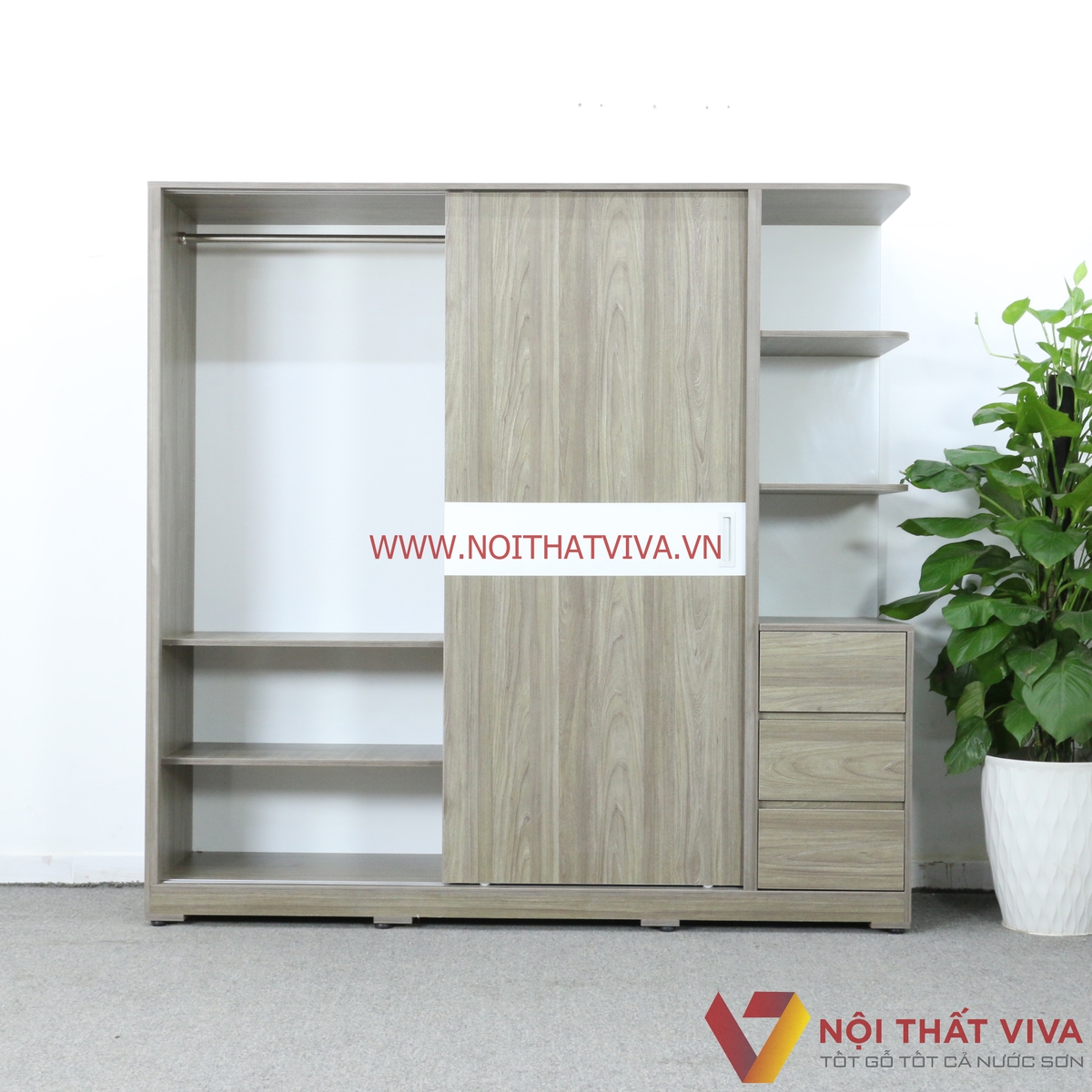 Tủ Quần Áo Cửa Lùa Gỗ MDF Melamine Có Kệ Trang Trí Màu Xám Chỉ Trắng Đẹp