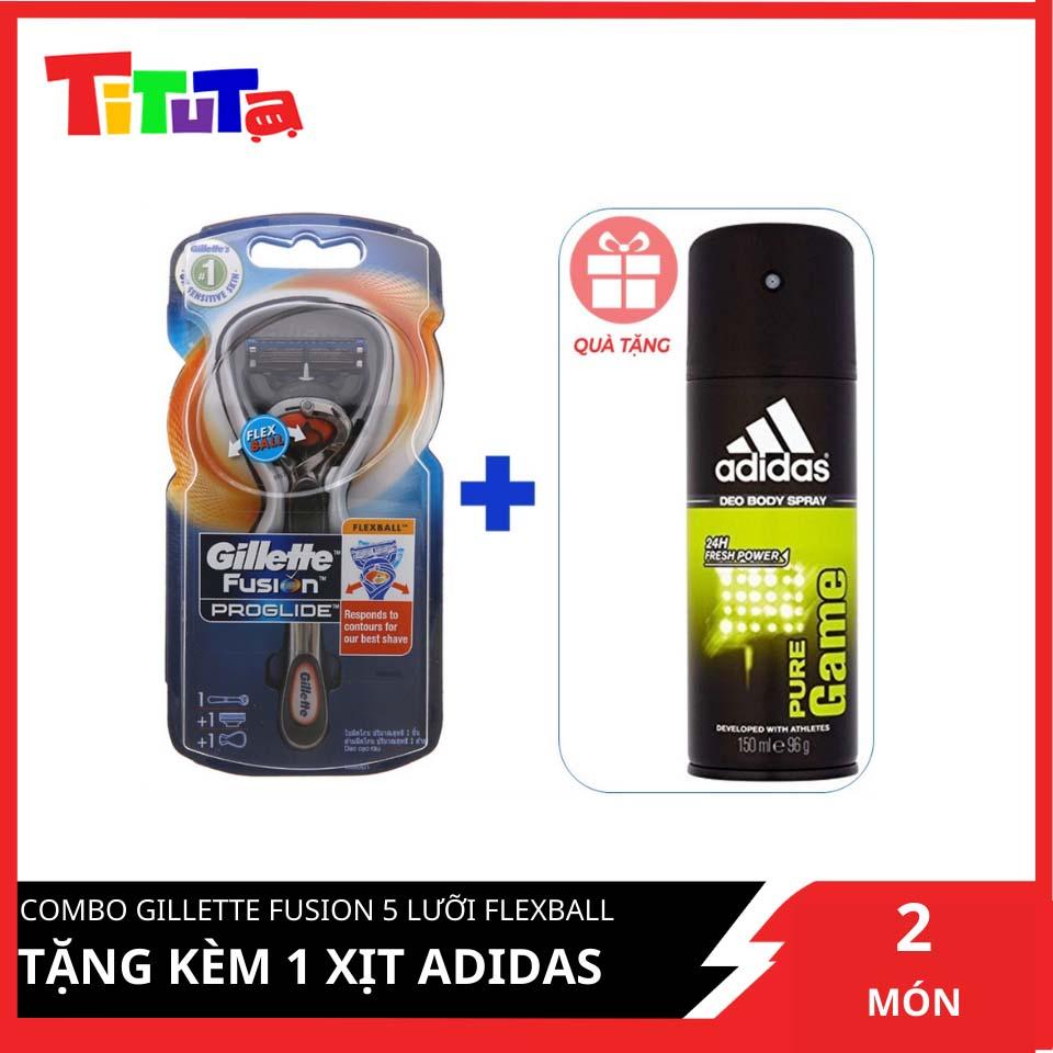 Combo hoàn hảo Gillette Fusion 5 lưỡi Flexball tặng kèm 1 xịt Adidas chính hãng thời thượng 150ml