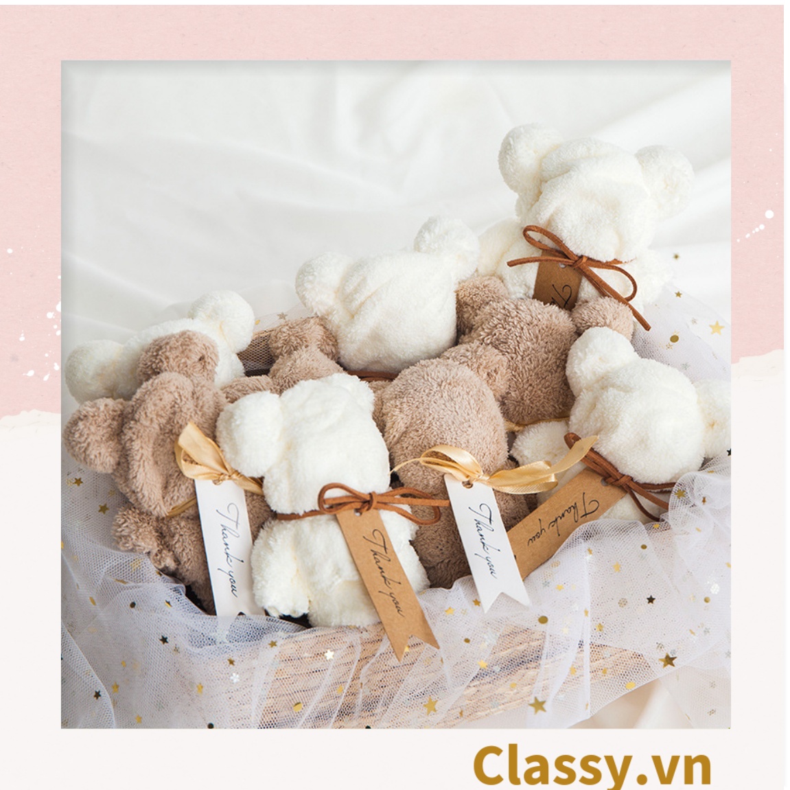 Q965 Khăn Mặt Xếp Thành Gấu Teddy Siêu Dễ Thương, kèm ruy băng và Tag Thank you đính kèm