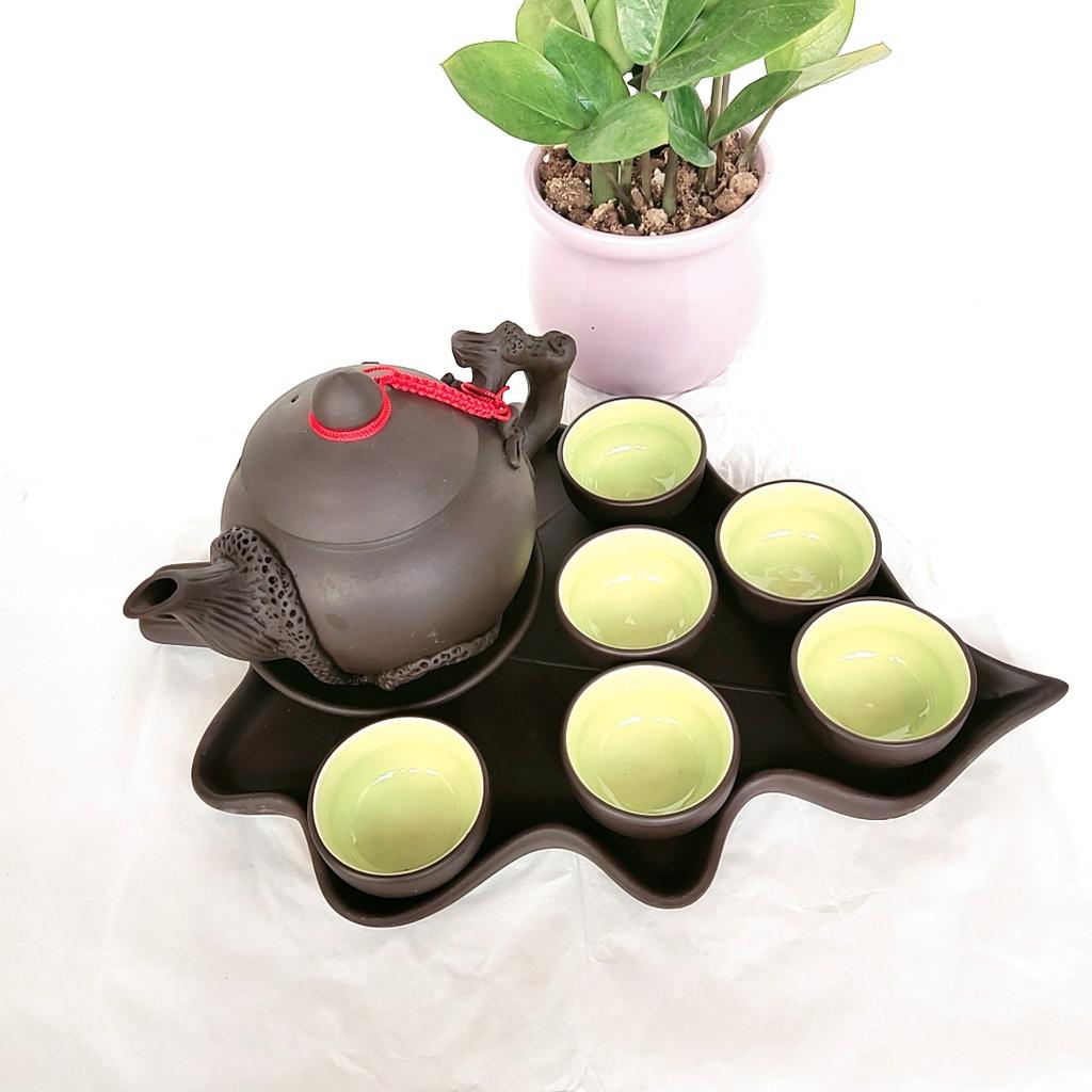 Bộ ấm trà tử sa - Bộ đắp nổi khay hình lá cỡ to - Dung tích 650 ml