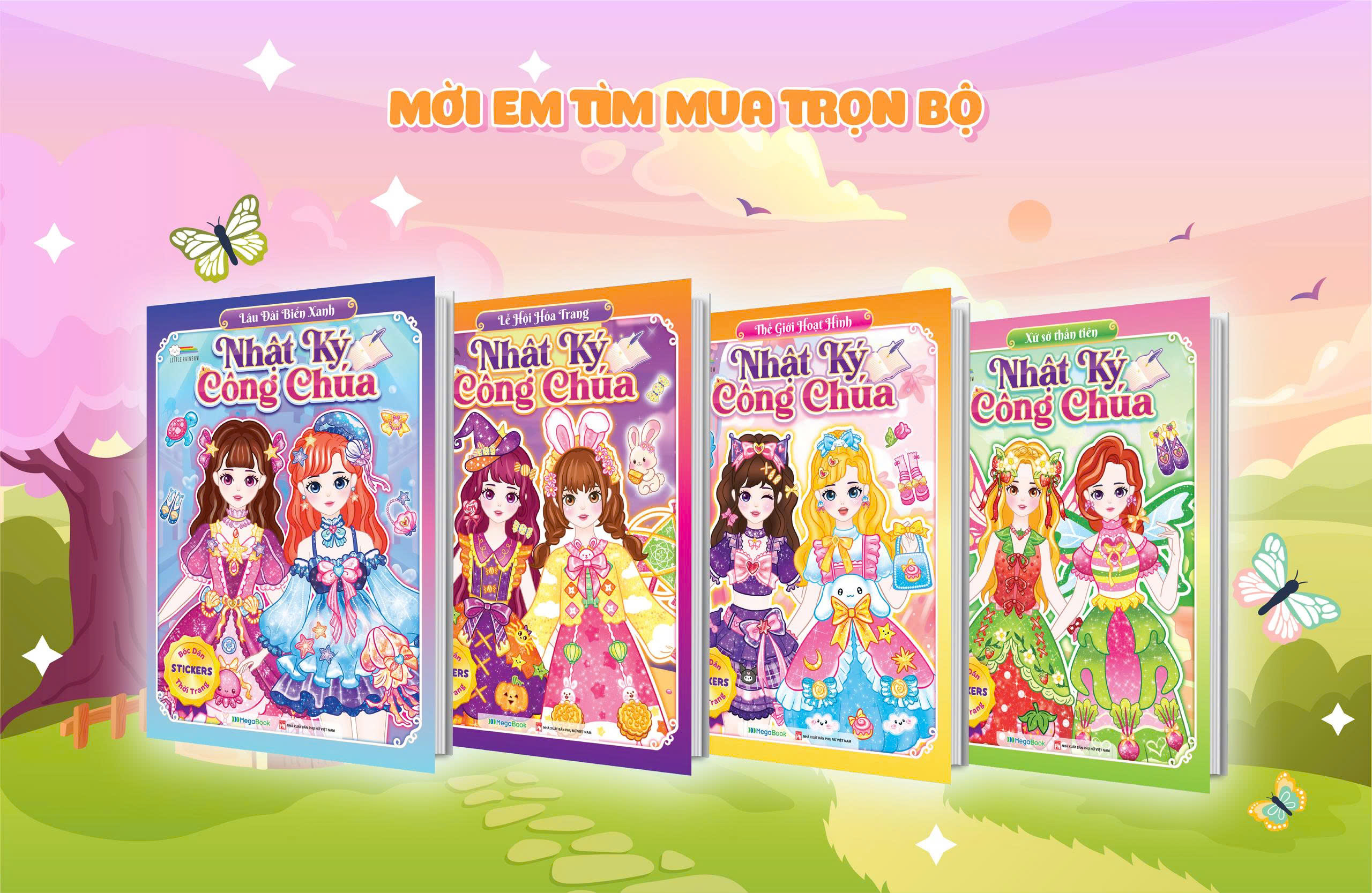 Combo 4 cuốn Nhật ký công chúa (600+ stickers dễ thương) - Sách bóc dán sticker thời trang cho bé gái