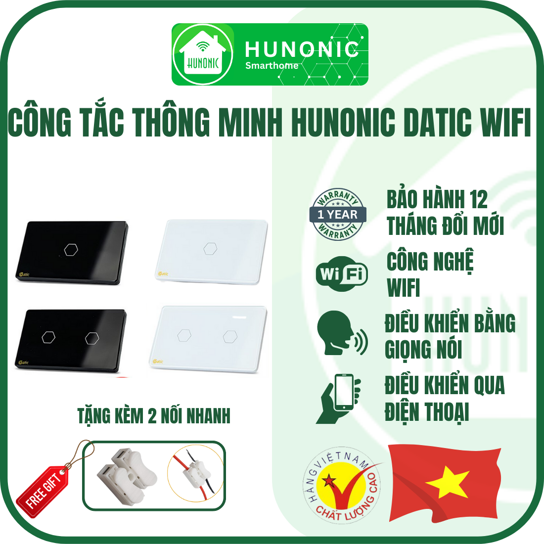 Công Tắc Cảm Ứng Datic Điều Khiển Mọi Thiết Bị Từ Xa Bằng Wifi Qua Điện Thoại, Thương Hiệu Hunonic, Hàng Việt Nam. -2022