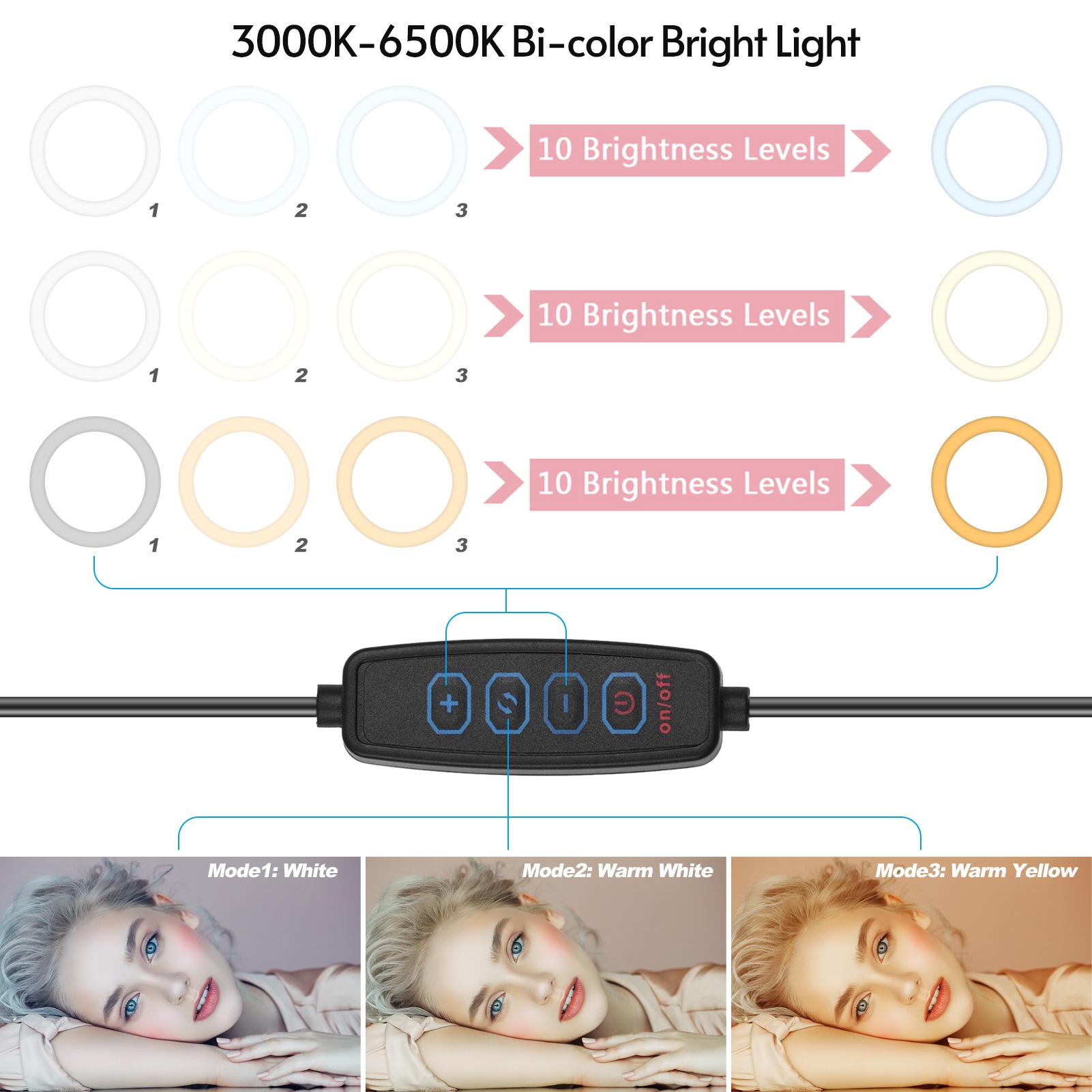 Video truyền trực tuyến đèn LED Ring Light Bi-color 3000K-6500K Độ sáng 10 cấp độ sáng USB có thể điều chỉnh độ sáng Được hỗ trợ với chân máy để bàn