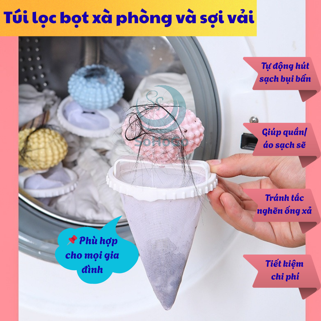 Bộ 2 Túi lọc rác máy giặt thông minh MẪU CẦU GAI -Bẫy lông thú &amp; tóc trong máy giặt -Lưới lọc rác nổi tự động