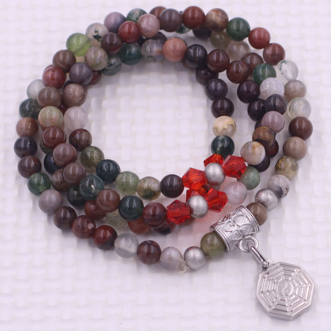 Vòng chuỗi 108 hạt mã não đa màu 6 ly charm bát quái inox - vòng chuỗi niệm Phật, vòng tay chuỗi hạt