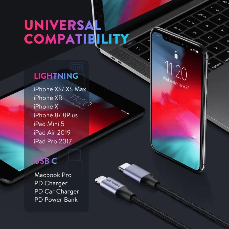 Ugreen UG60759US304TK 1M Màu Đen Cáp USB Type C ra Lightning Dây bện nylon - HÀNG CHÍNH HÃNG