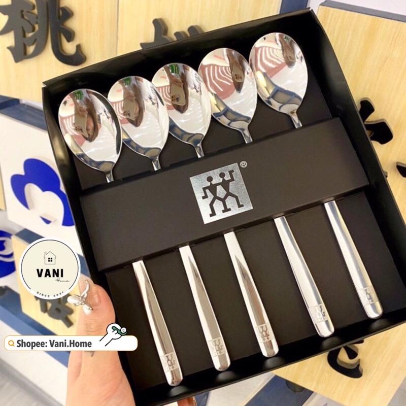 Set 5 thìa inox 304 nội địa Đức sang trọng kèm vỏ hộp cao cấp - Bộ 5 muỗng inox Zwlling siêu to hàng xuất Đức