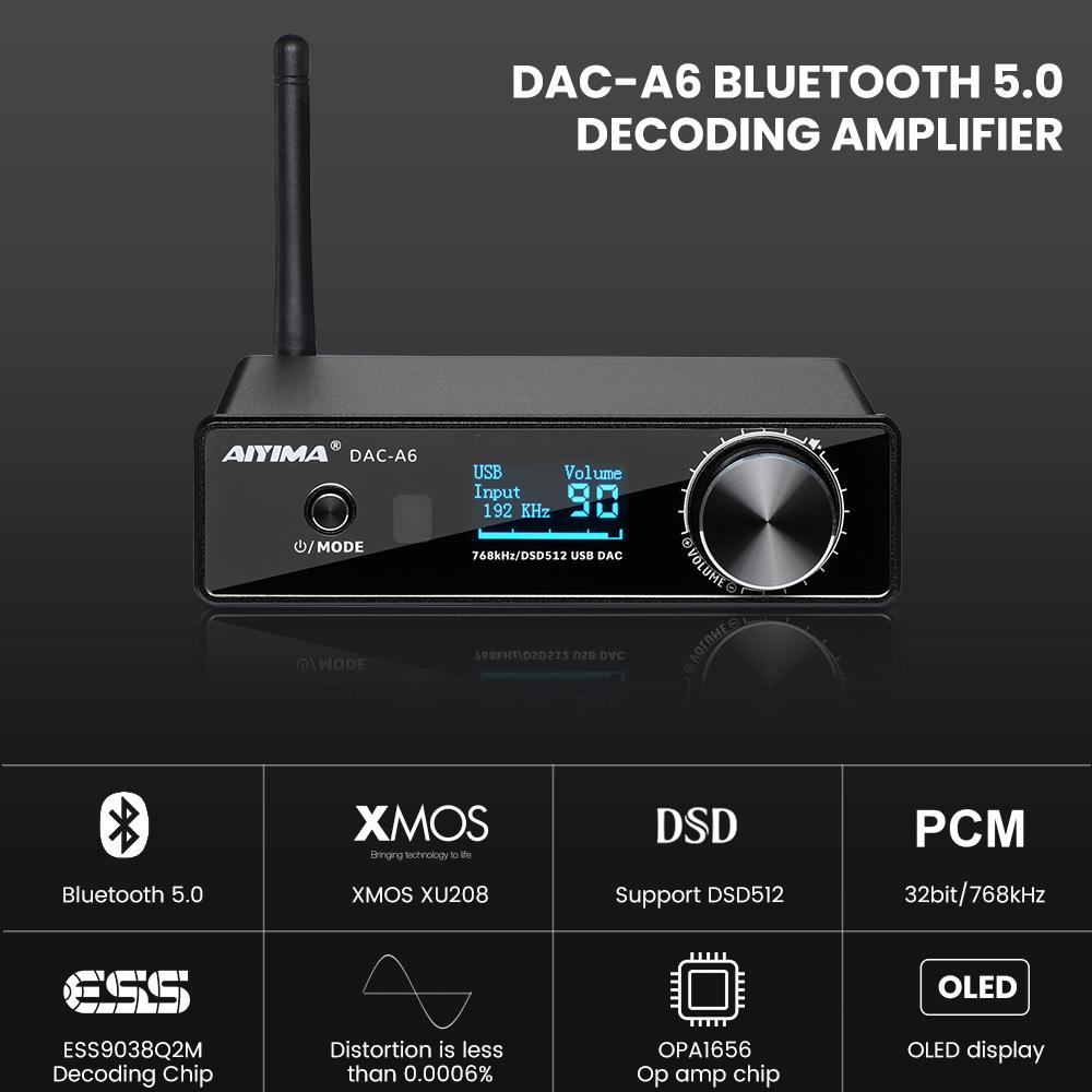 AIYIMA DAC A6 BT ESS9038Q2M Bộ Khuếch Đại HIFI XMOS XU208 32BIT 768KHz DSD512 USB DAC APTX-HD Bộ Giải Mã Âm Thanh DẪN QUANG HỌC Với MÀN HÌNH OLED