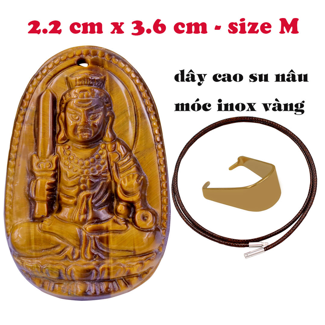 Mặt Phật Bất động minh vương đá mắt hổ 3.6 cm kèm vòng cổ dây cao su nâu - mặt dây chuyền size M, Mặt Phật bản mệnh