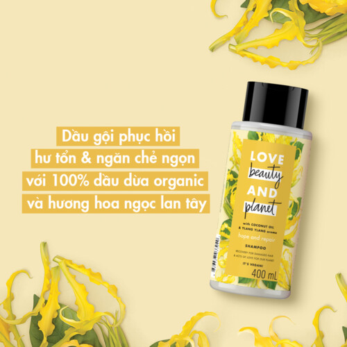 Dầu gội LOVE BEAUTY &amp; PLANET Phục hồi hư tổn Ngăn chẻ ngọn 100% dầu dừa organic và hương hoa ngọc lan tây 400ml