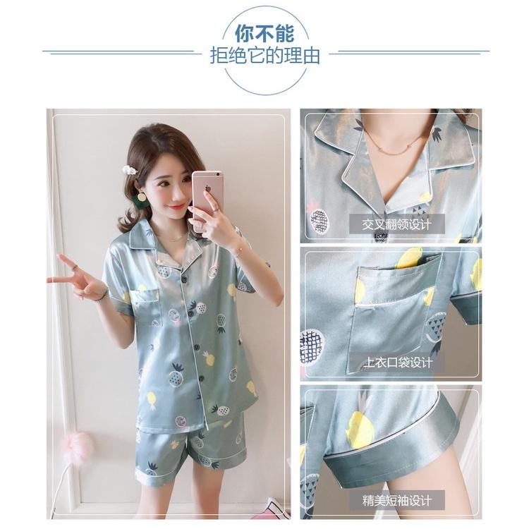 Bộ đồ Pijama lụa quả dứa mới đồ ngủ nữ mùa hè ngắn tay quần áo ở nhà