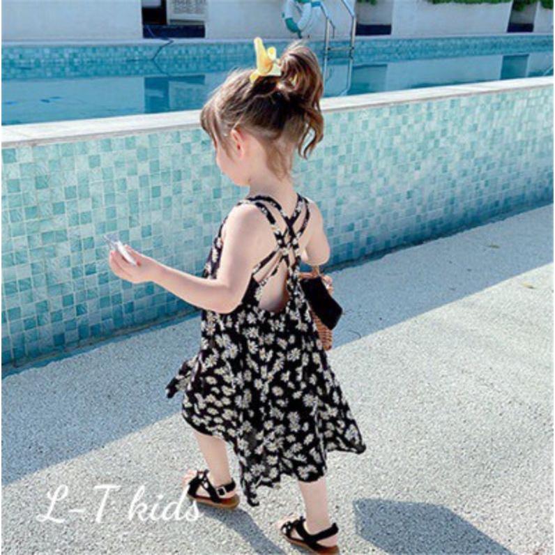 Váy maxi hoa cúc lụa hàn phối dây đan lưng bé gái