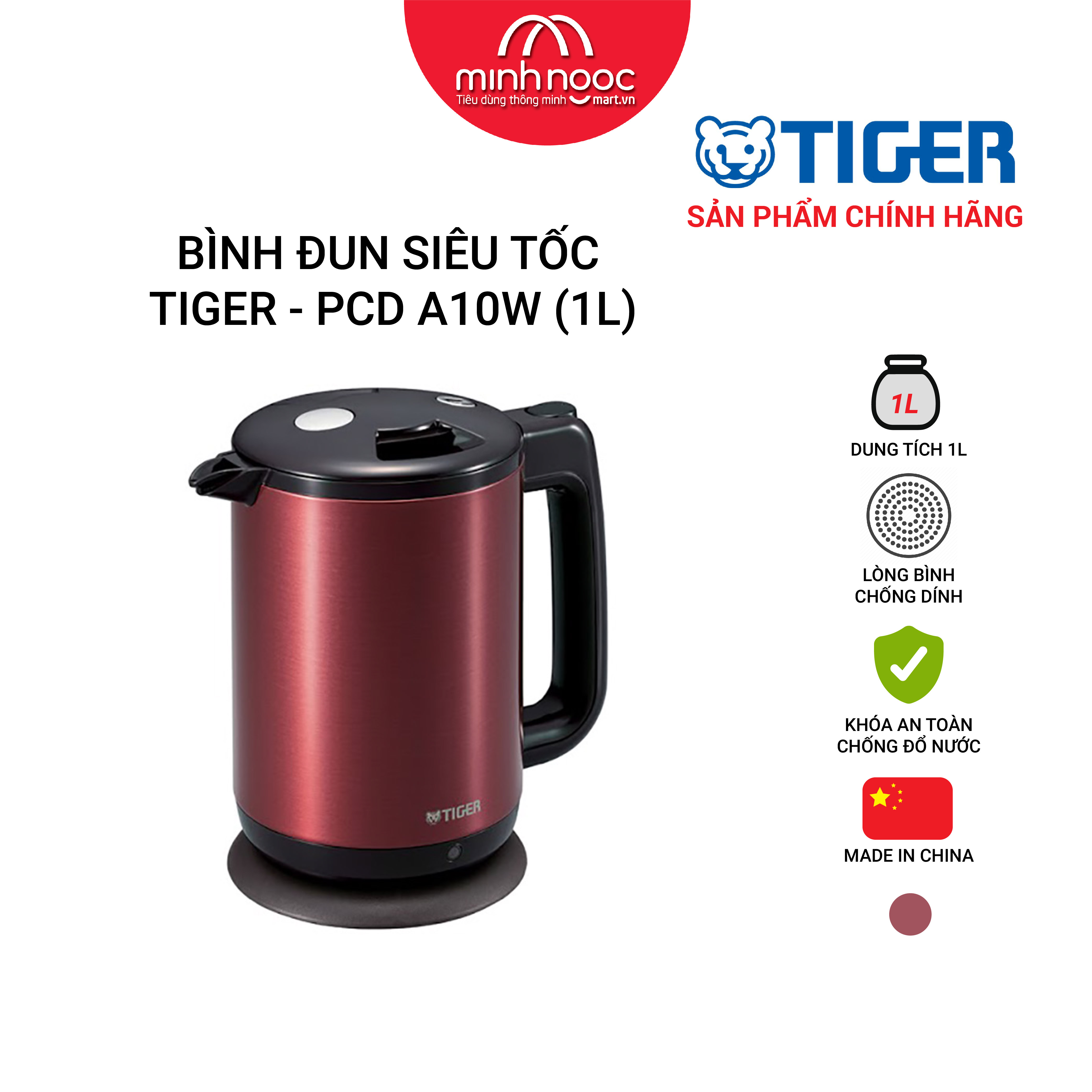 HÀNG CHÍNH HÃNG: BÌNH ĐUN SIÊU TỐC TIGER PCD-A10W MÀU NÂU/ ĐỎ