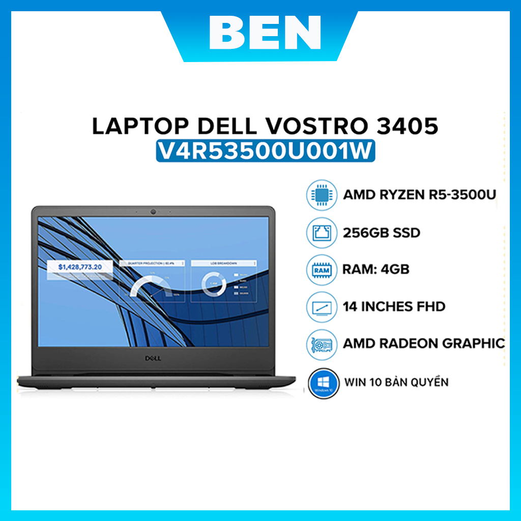 Laptop Dell Vostro 3405 V4R53500U001W (AMD R5-3500U/ 4GB/ 256GB PCIE/ 14 FHD/ Win10) - Hàng Chính Hãng