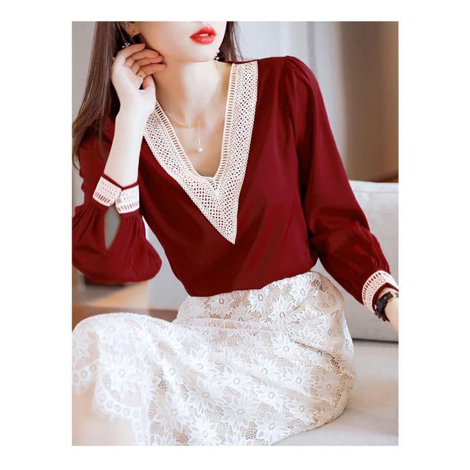 ÁO KIỂU NỮ TAY DÀI PHỐI REN Công sở, du lịch, Event, đi chơi, đi tiệc, dạo phố... - SA015
