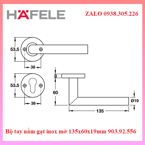 Bộ tay nắm gạt inox mờ 135x60x19mm Hafele 903.92.556