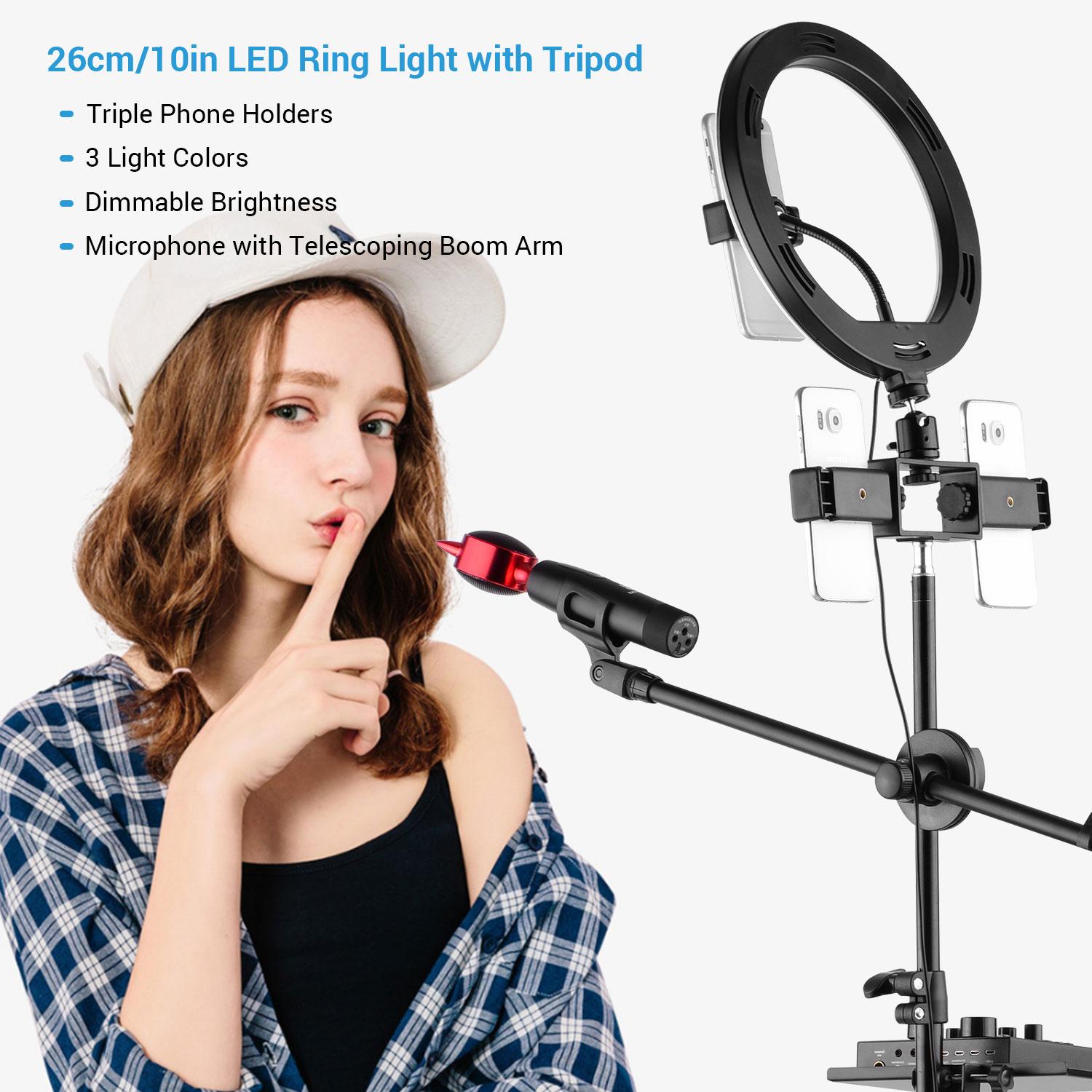 Bộ đèn vòng video 10 inch / 26cm 3 màu có thể thay đổi độ sáng 10 cấp 3200-5600K với đầu ba chân bóng Ba giá đỡ điện thoại