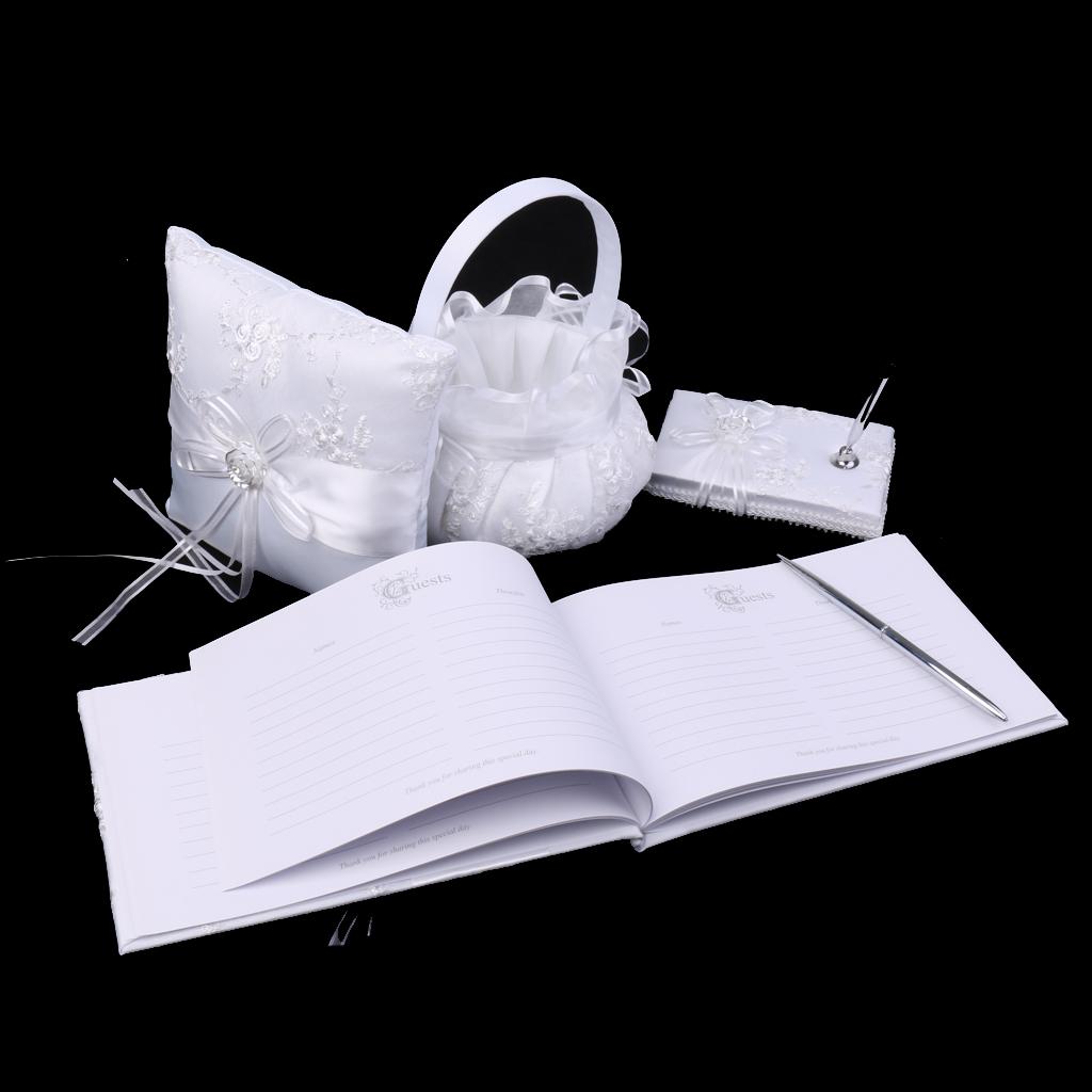 Wedding Set of 4 Guest Book , Pillows,Flower Baskets, Pen Holder White