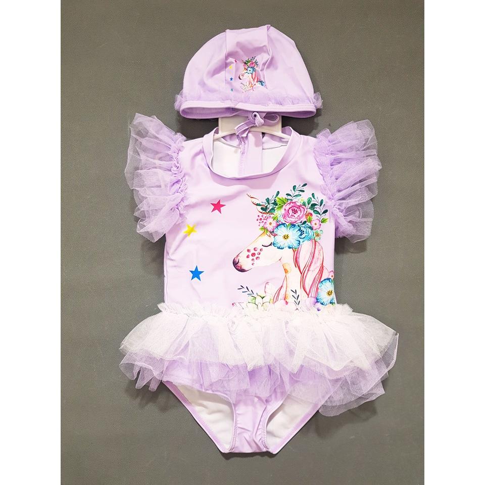 Đồ bơi liền váy bikini ngựa unicorn kèm nón dễ thương cho bé gái nhỏ