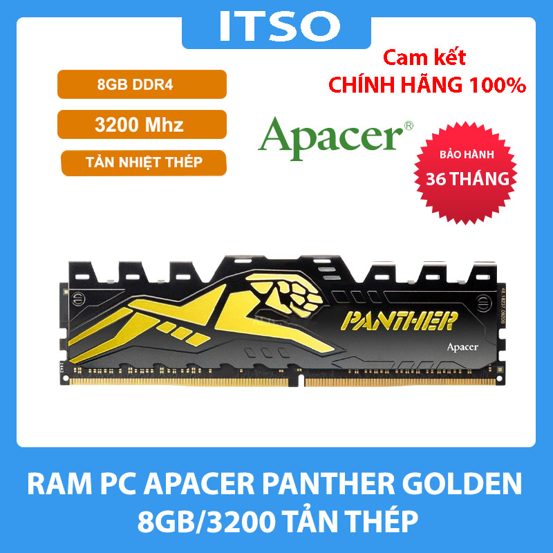 RAM Apacer DDR4 8GB bus 3200 Mhz Panther Golden tản thép - Hàng chính hãng