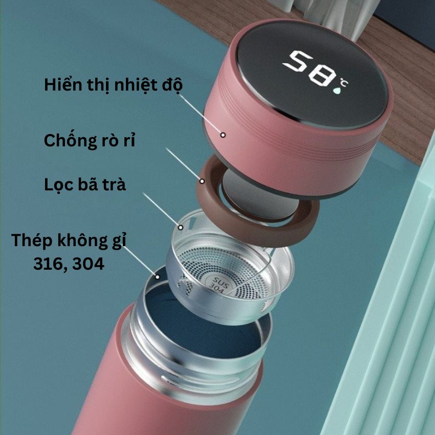 Bình giữ nhiệt hiển thị nhiệt độ thông minh inox cao cấp dung tích 480ml