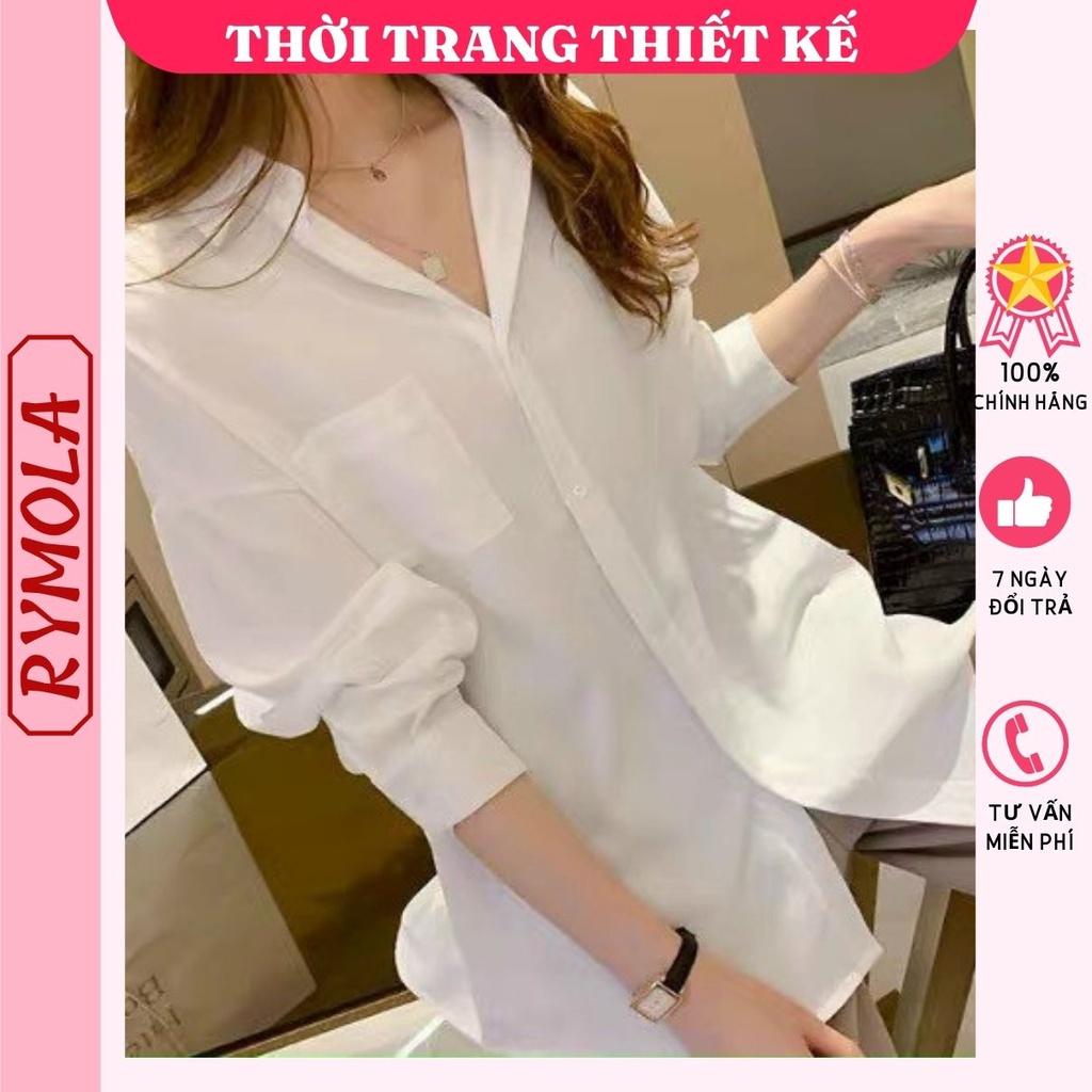 Áo Sơ Mi Form Rộng MOLA Màu Trắng Dáng Dài 1 Túi Kiểu Hàn Quốc Vintage Ulzzang Tiểu Thư Bánh Bèo Chất Đũi