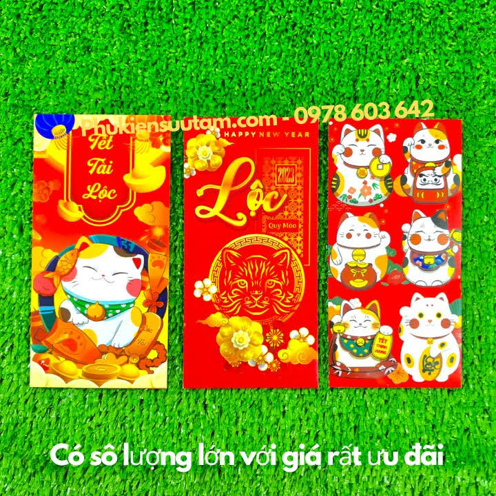 Combo 30 Bao Lì Xì Tết Con Mèo 2023, kích thước: 16cmx8cm, màu đỏ - SP005432