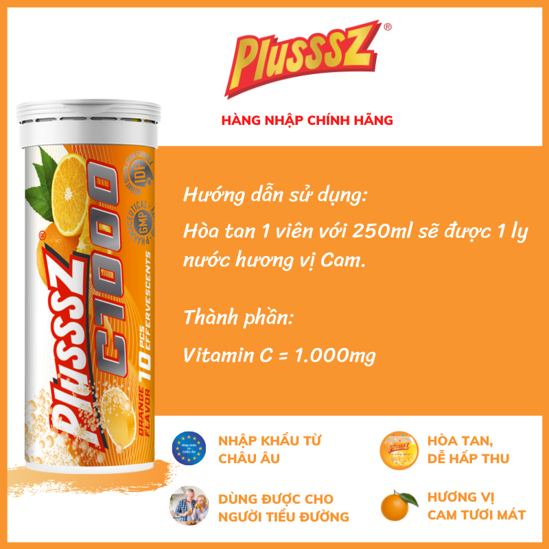 {COMBO 2 TUÝP} Viên sủi Plusssz C1000 bổ sung 1000mg vitamin C tăng đề kháng + Performance vị cam không đường cung cấp 13 vitamin, khoáng chất  và cafein từ Guarana vượt trội, hỗ trợ tăng cường sức đề kháng, giúp tỉnh táo kéo dài